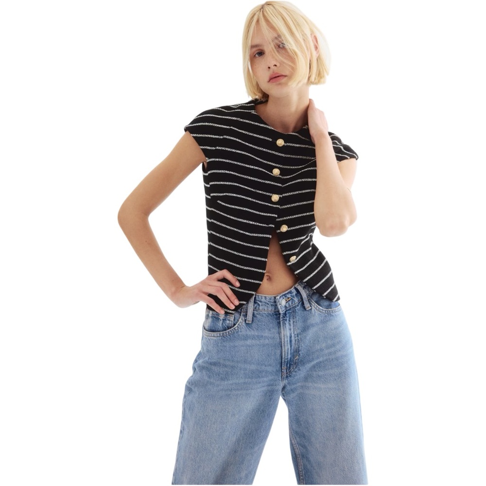 H&M Women Black White  Stripe Short Cap Sleeve Gold Button Front Top Lined Small